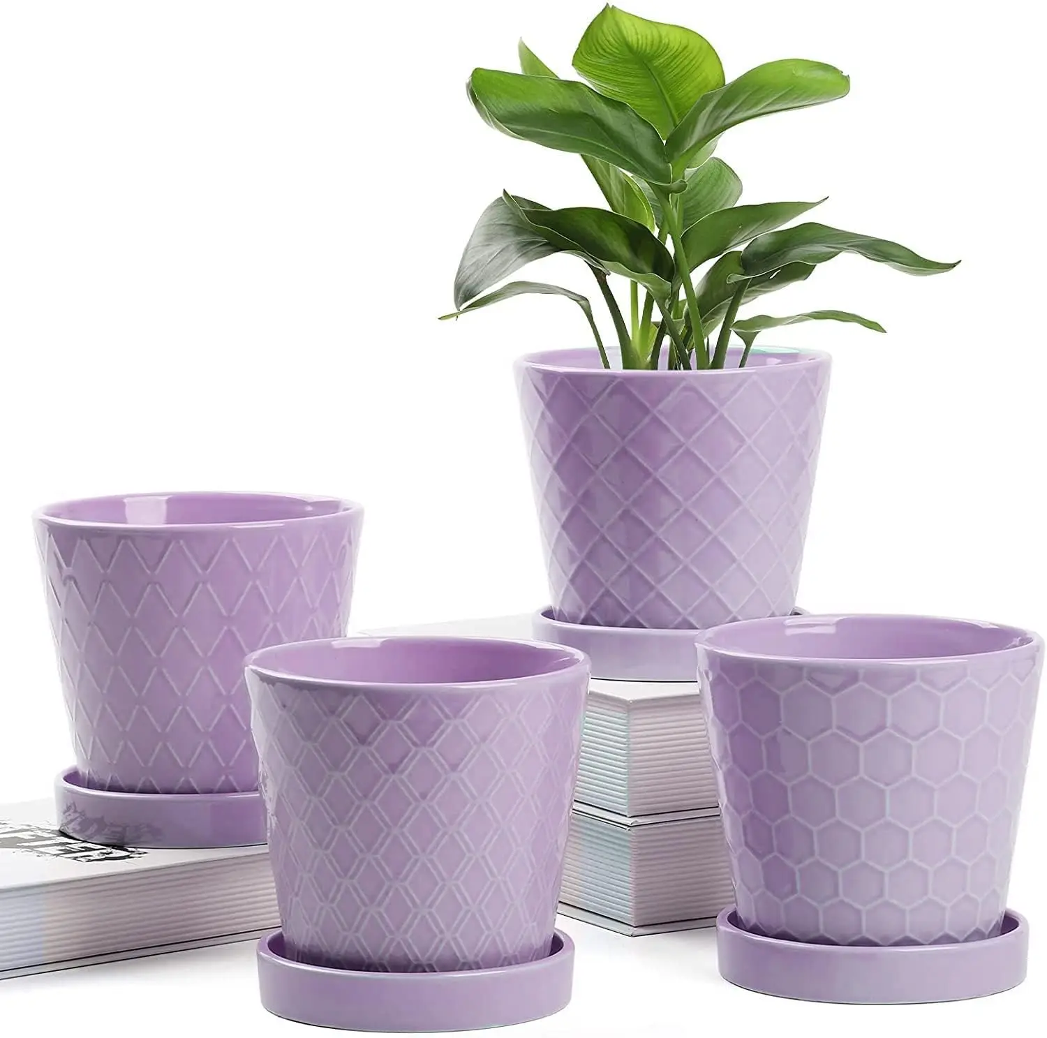 5-Inch Ceramic Planter with Drainage Hole and Ceramic Tray - Office Desktop/Window Sill Decorative Pot Set of 4