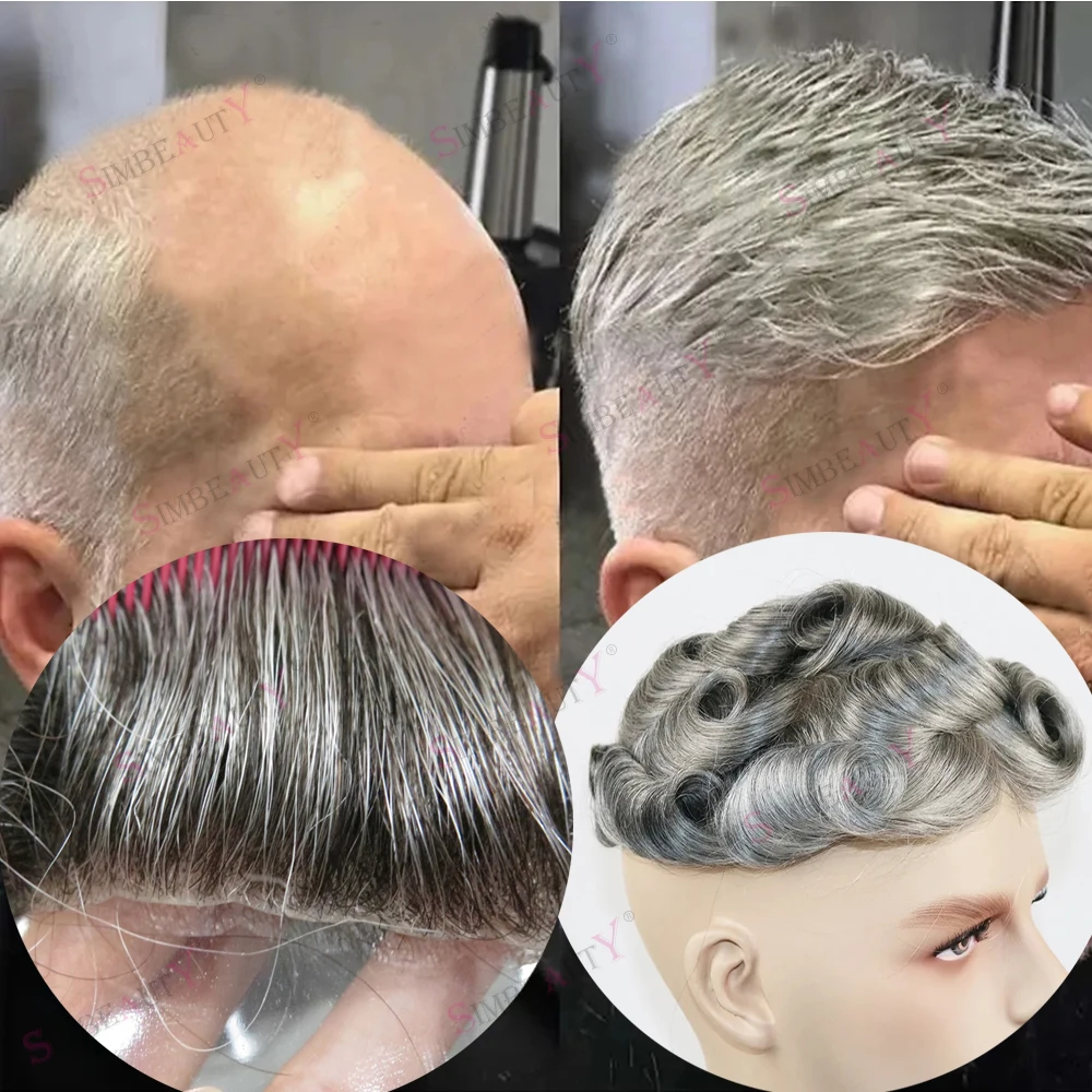 

Toupee for Man Durable Strong Skin PU Men's Grey Hairpieces European Virgin Human Hair Replacement System Capillary Prosthesis