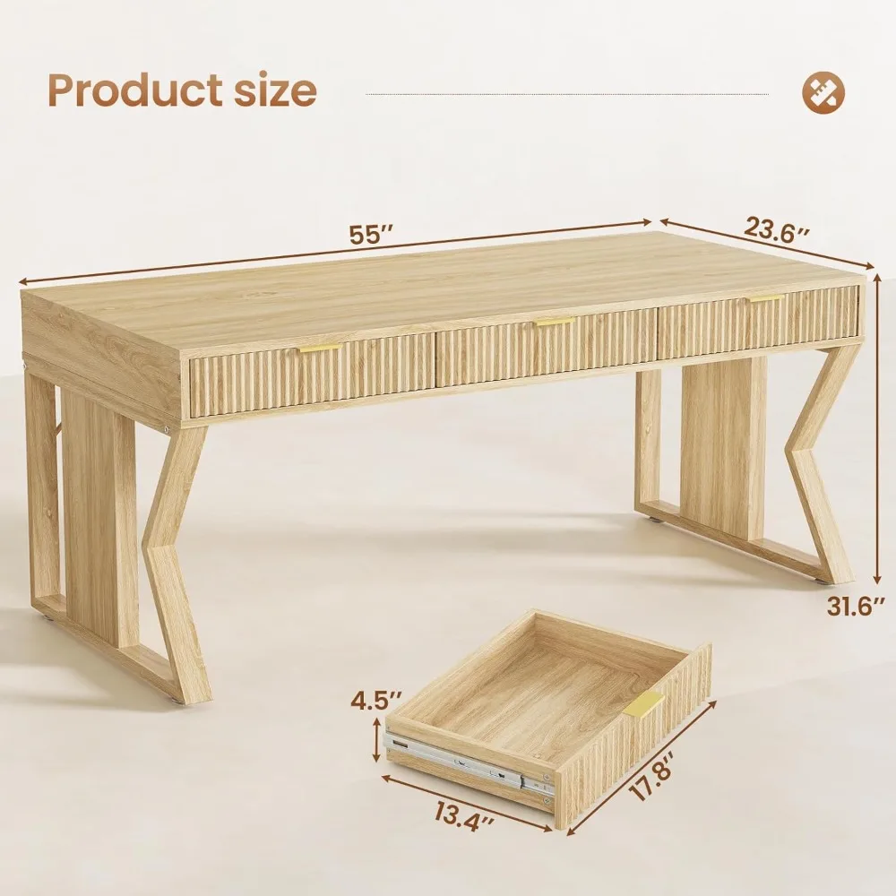 55" Executive Office Desk with 3 Drawers, Home Office Desk with Storage Drawers, Computer Writing Desk Study Table