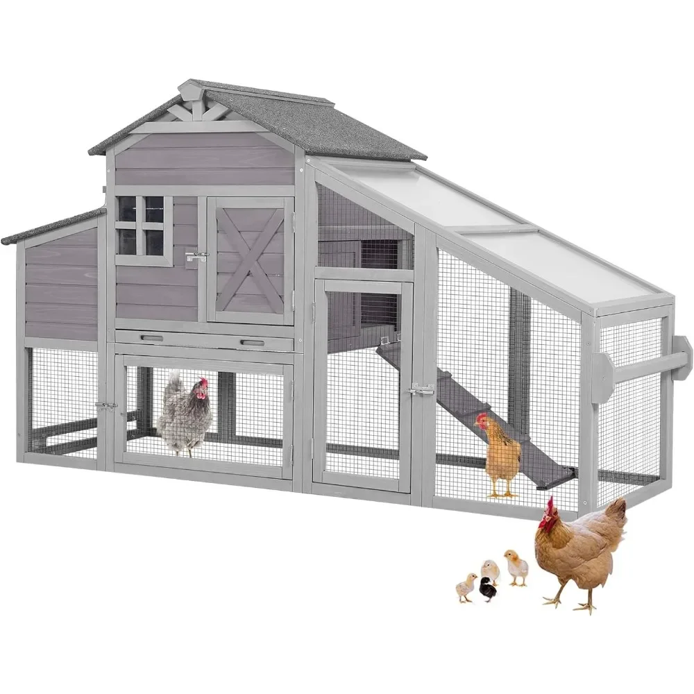 

Chicken Coop 65in Mobile Hen House Outdoor Wooden Poultry Cage w/ Wheels, Nesting Box, Leakproof Pull-on Tray and Roof Panel