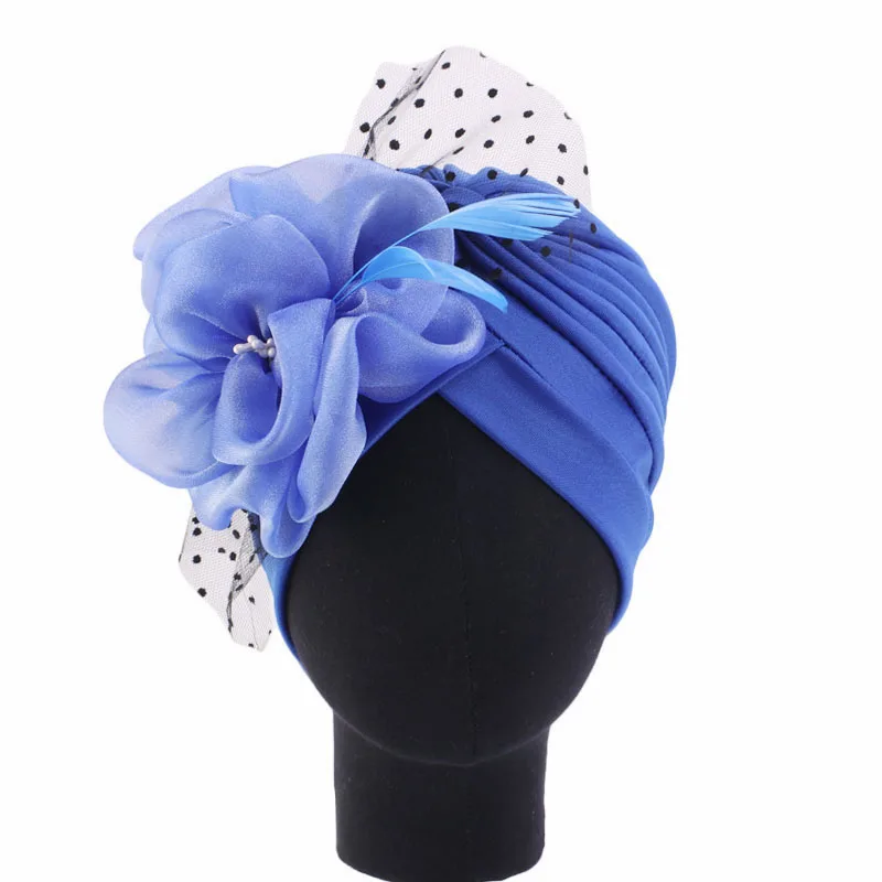 Lastest Feather Flower Turban Bonnet for Women Muslim Hijab Headscarf Caps Wedding Party Headwear Turbante Mujer African Headtie