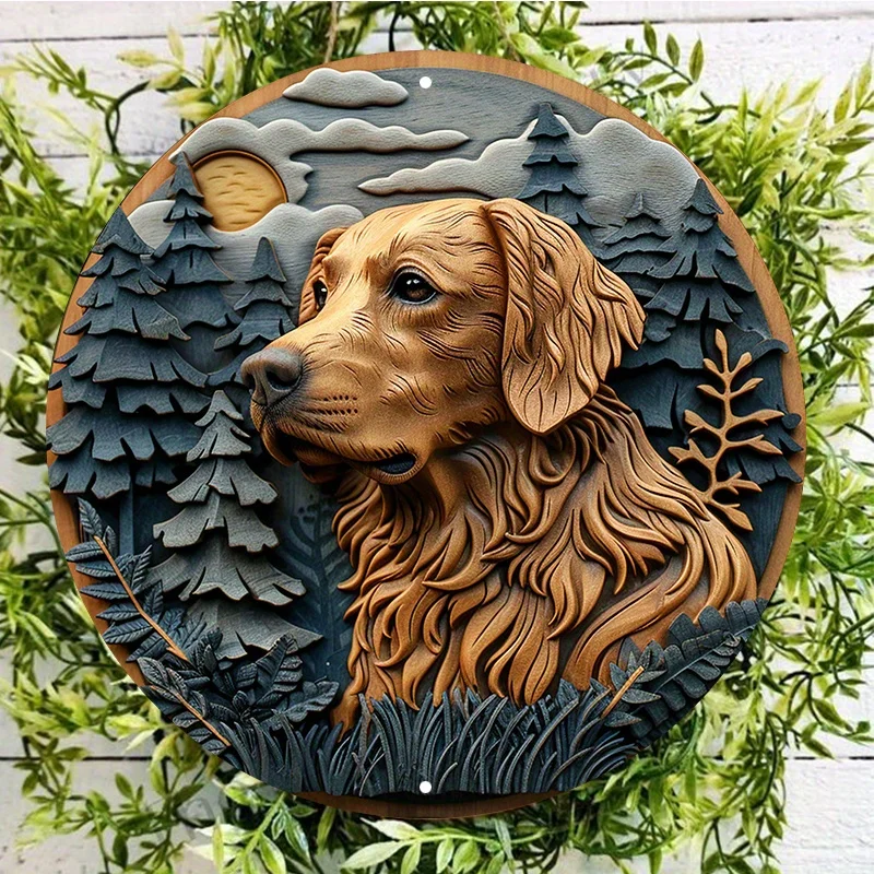 Round Golden Labrador Retriever Metal Sign, HD Printing, Waterproof and Weather Resistant, Aluminum Door Hanger and Wall Decor