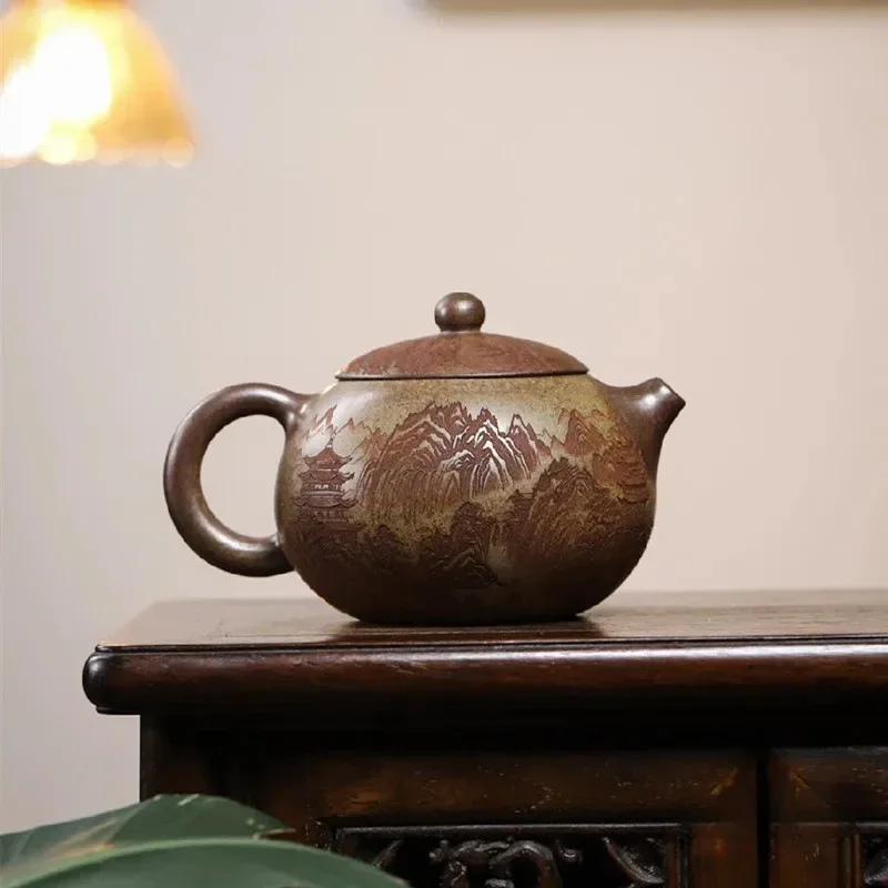 Chinese Yixing Purple Clay Teapot Handmade Landscape Tea Pot Beauty Tea Infuser Kettle Household Raw Ore Zisha Tea Set 420ml