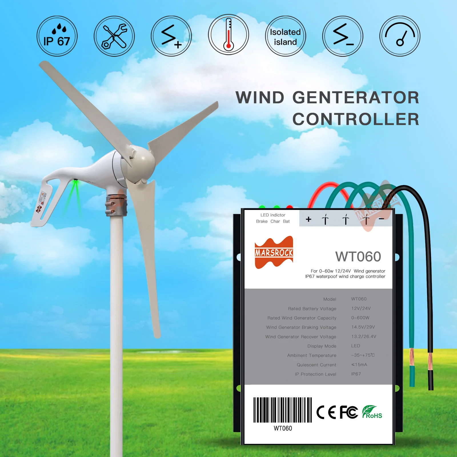 600W Wind PWM Controller 12 24V Auto DC Wind Power Charger For Wind Turbine Generator Regulator Windmill Water Proof IP67 System