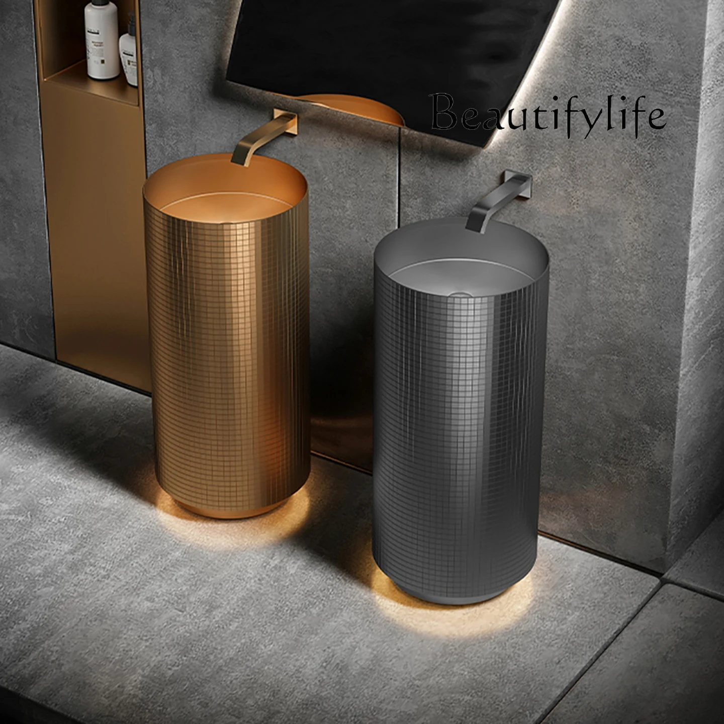 

Golden stainless steel column type washbasin bar with lamp integrated washbasin hotel floor-to-ceiling round column basin