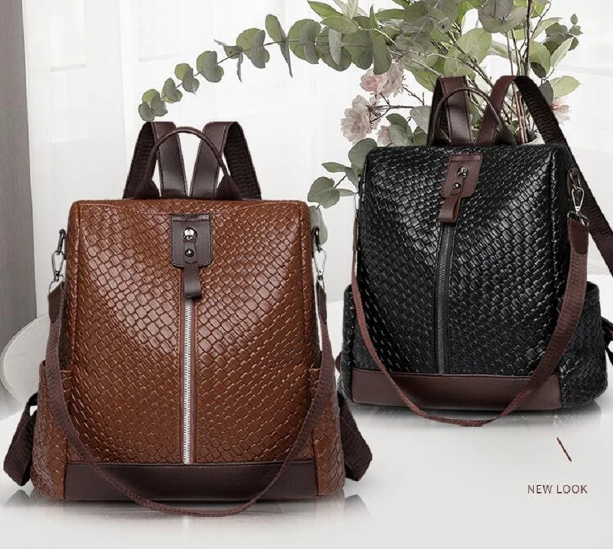 New Fashion Korean Weaving Pattern Soft Leather Backpack Women Large Capacity Travel Shoulder Bags School Bag Casual Backpacks