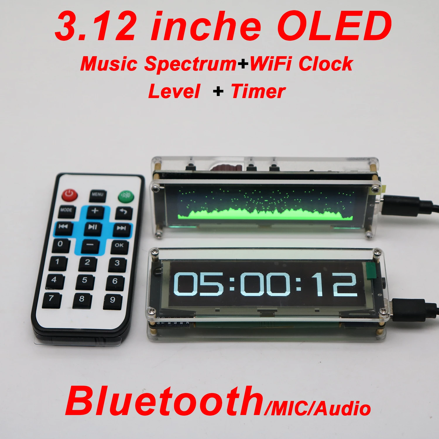 Bluetooth/MIC/Audio 3,12 Zoll OLED Musik-Spektrum WLAN-Uhr Pegel-VU-Meter Digitaler Timer Countdown-Anzeige Rhythmus-Licht mit Fernbedienung