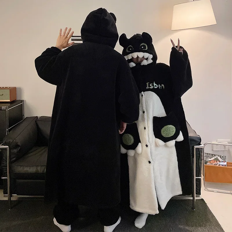 Зимние женские пижамы, длинный халат, одежда для сна, плотный мужской ночной халат с рисунком динозавра, милая пижама для девочек, коралловый бархат, домашняя одежда, халат