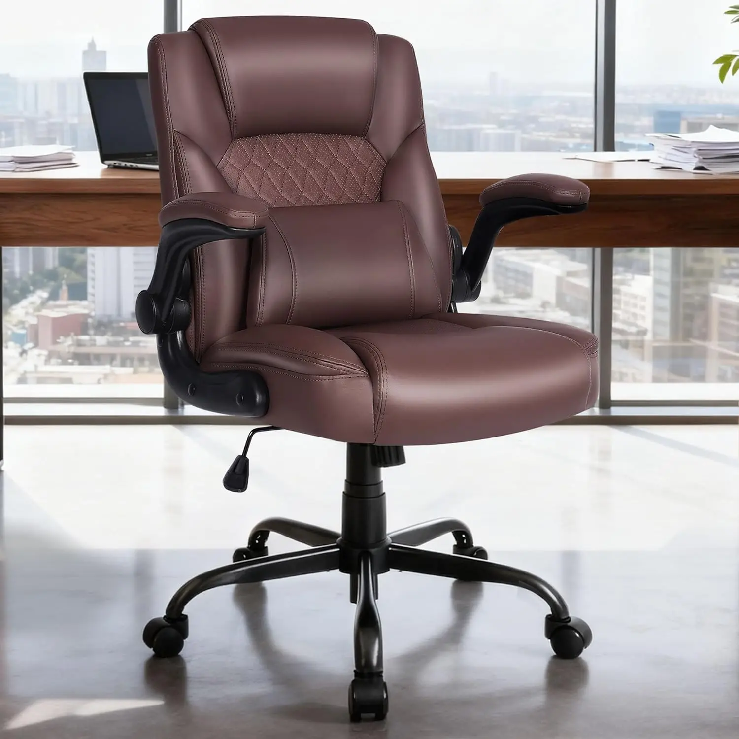 

Ergonomic PU Leather Office Chair Lumbar Support Rocking Wheels Adjustable Arms 5" Seat Brown Customized