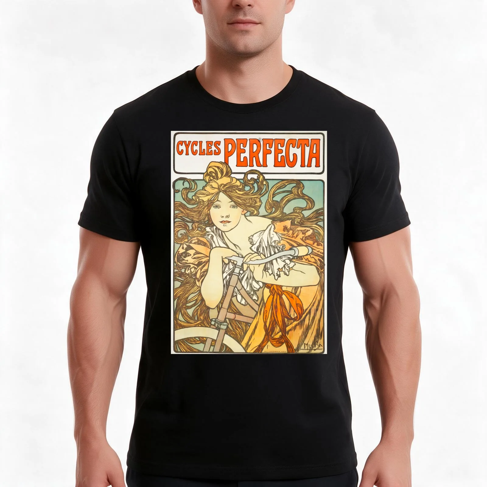 Cycles Perfecta by Alphonse Mucha, 1902 T-Shirt, Summer Casual Cotton Tee, Oversized Streetwear Tops, Vintage Graphic Print