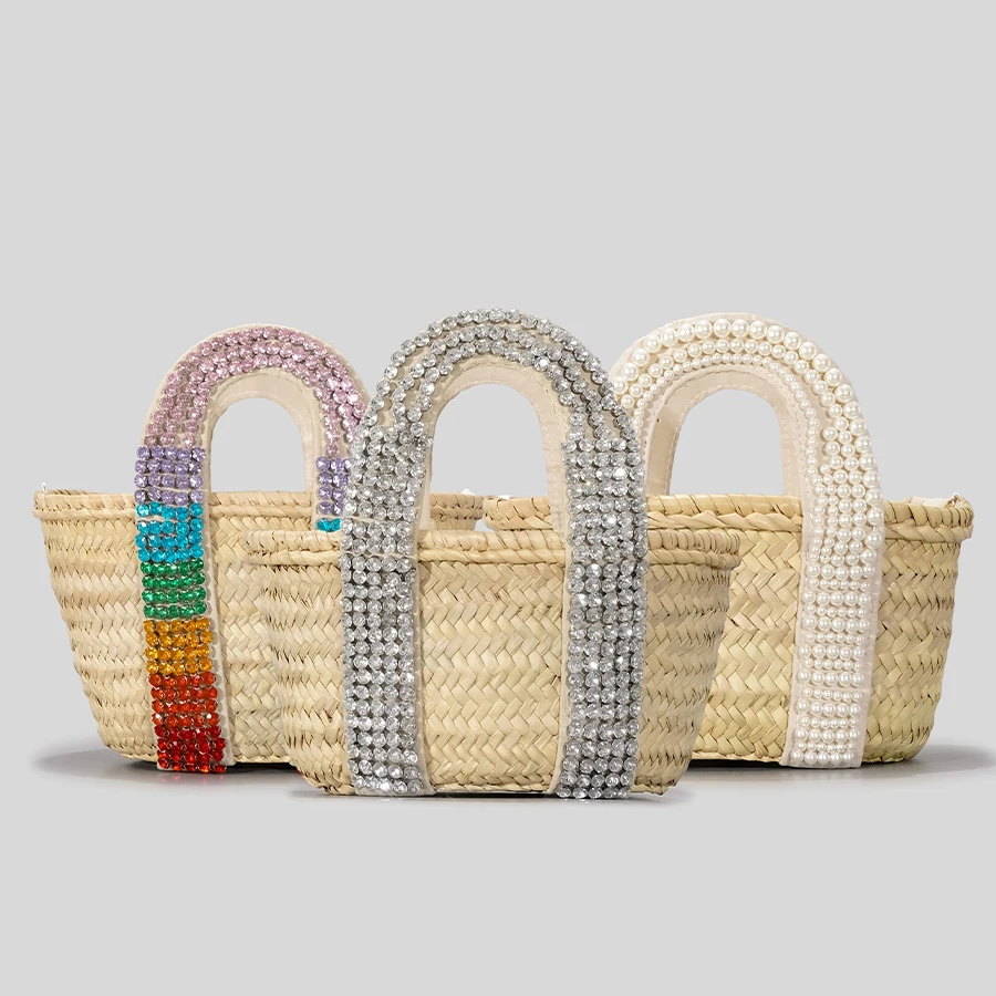 Fashion Rattan Small Tote Bag Designer Rhinestone Wicker Woven Women Handbags Handmade Woven Summer Beach Bag Bali Purses 2023