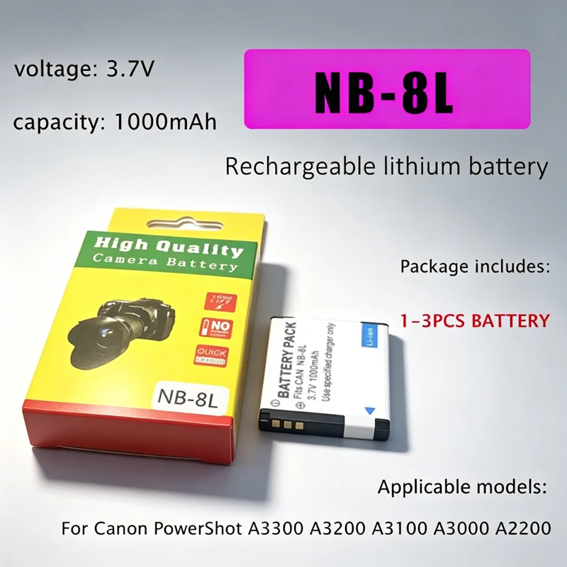 

NB-8L NB8L Battery 3.7V 1000mAh Li-ion Camera Batteries With Charger for Canon PowerShot A3300 A3200 A3100 A3000 A2200 A1200 IS