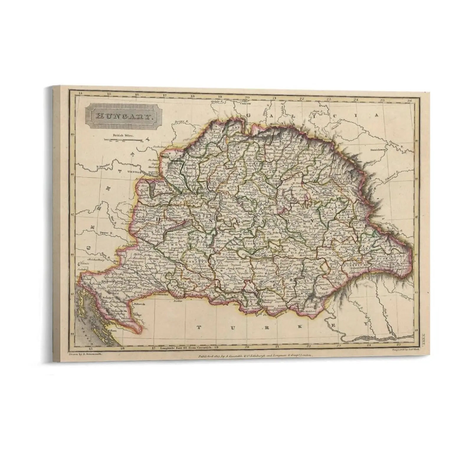 Vintage Map Of Hungary 1817 Canvas Painting Garage Garage Wall Plaque Wall Print Framed Wall Paintings