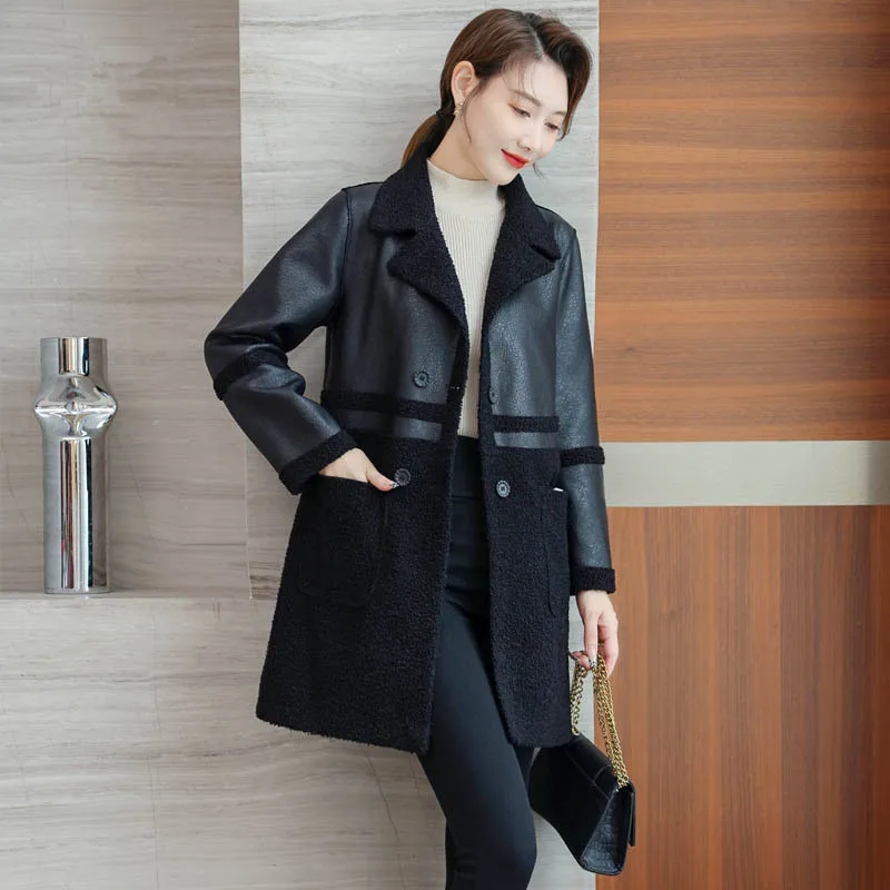 Plus Size Reversible Women Winter Faux Sheepskin Coat Turn-down Collar Pocket Lambskin Leather Long Coat 6XL Lady Wool Fur Coat