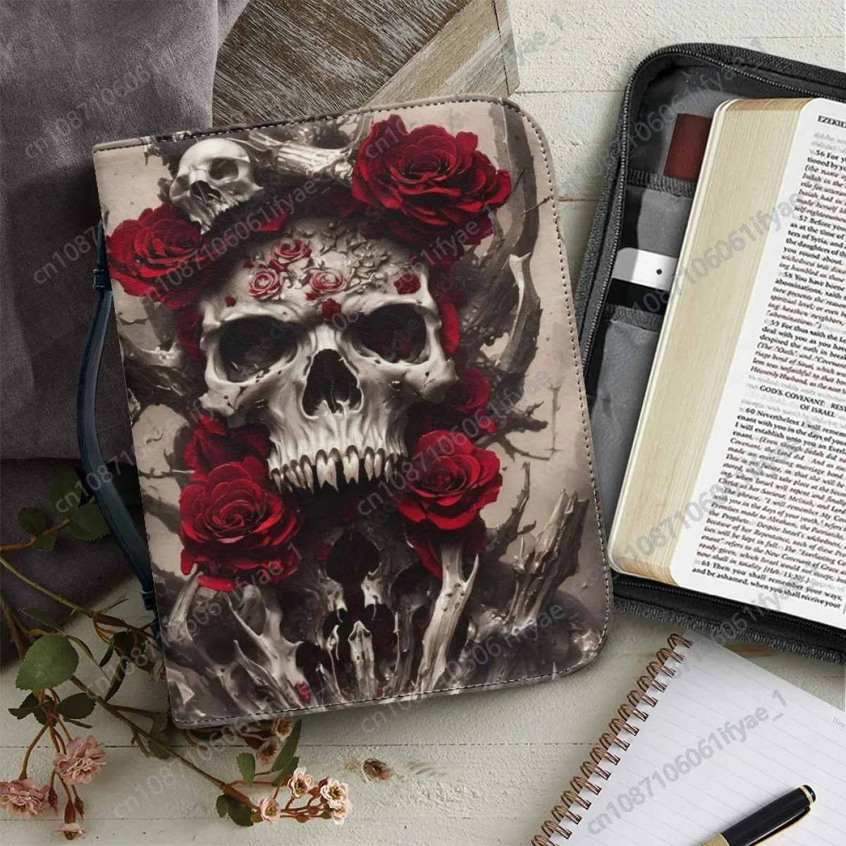 Handbag for Women PU Bible Organizer Gothic Skull Pattern Print Zipper Handle Bible Storage Bags Bible Cover Case Halloween Gift