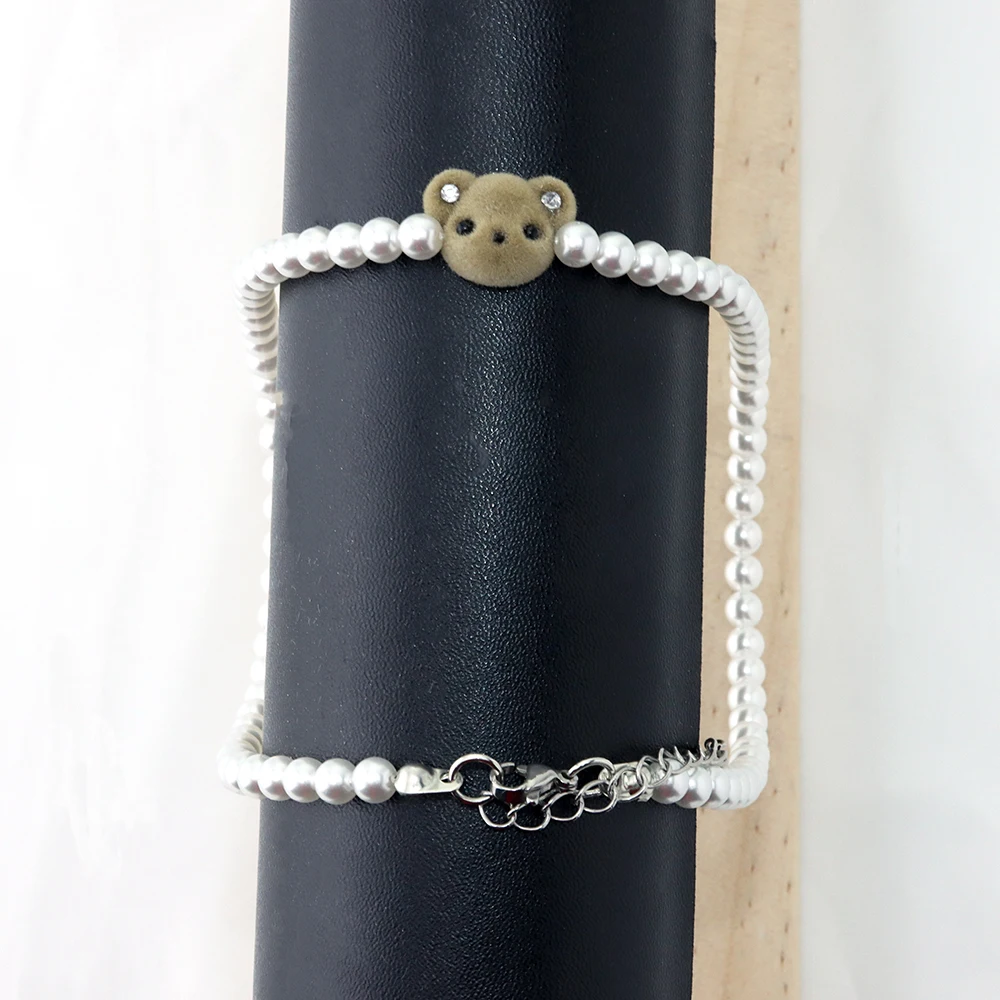 Imitation Pearl Necklace Handmade Bead Little Bear Pendant Necklace Stainless Steel Jewelry for Women Girls Clavicle Jewelry