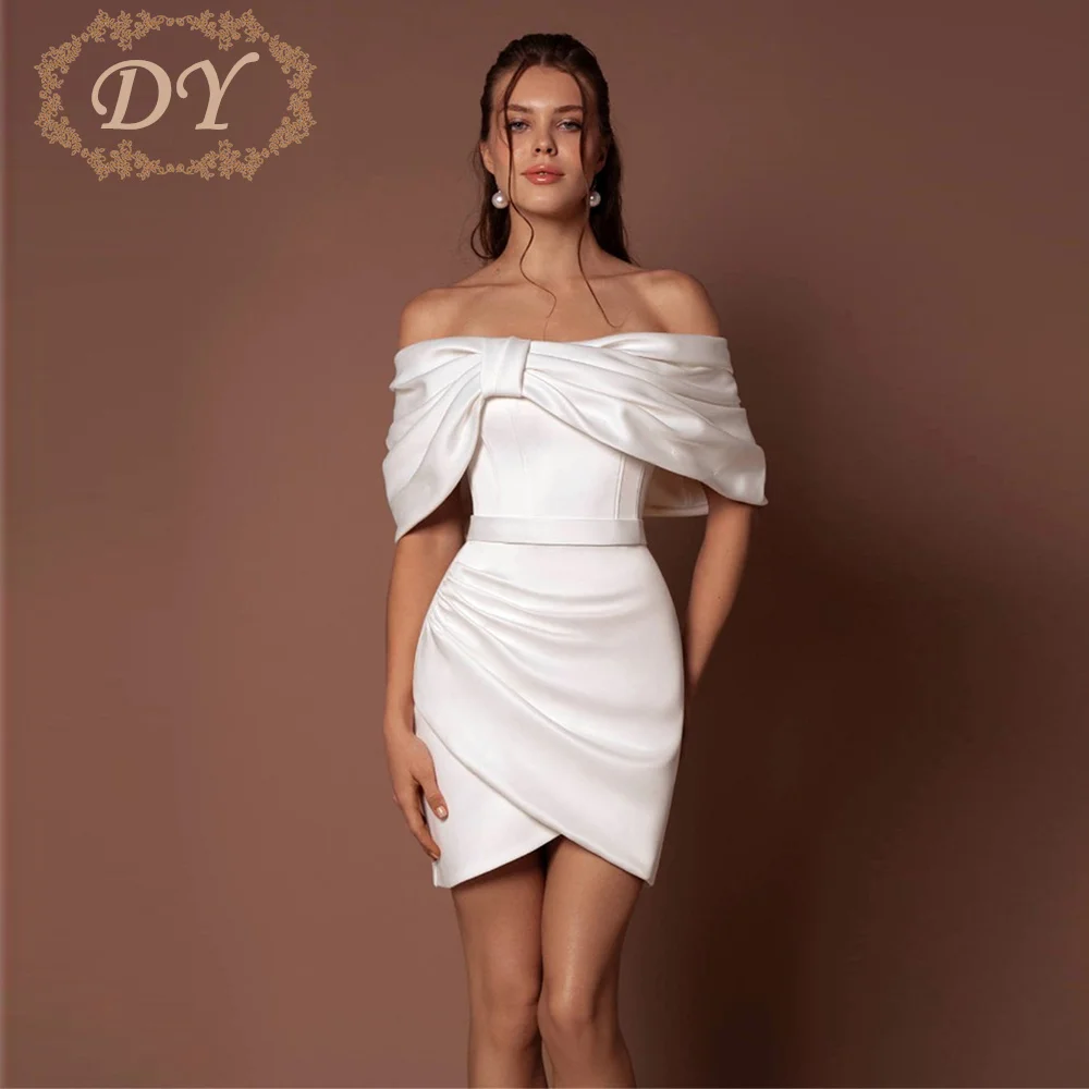 

DY Modern Pleat Soft Satin Short Sheath Wedding Dress 2026 Off The Shoulder Bow Mini Bridal Gown Vestidos De Novia Customized