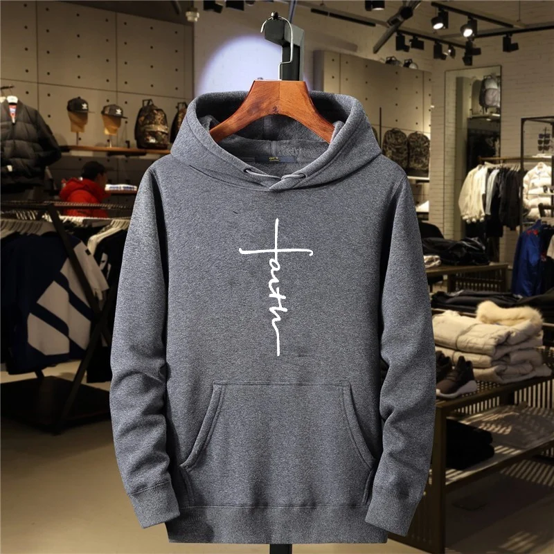 Autumn And Winter Men's Casual Sports Fleece Outdoor Comfortable Round Neck Fashionable Faith Printed Sports Hooded Sweatshirt