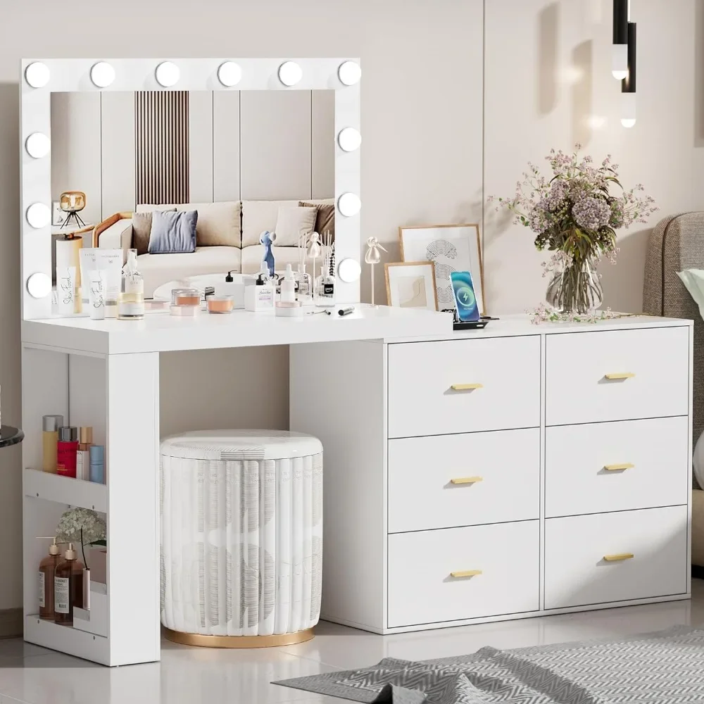 Dressing table with charging station, mirror, and three color lights, 6 drawers, 2 storage shelves, white