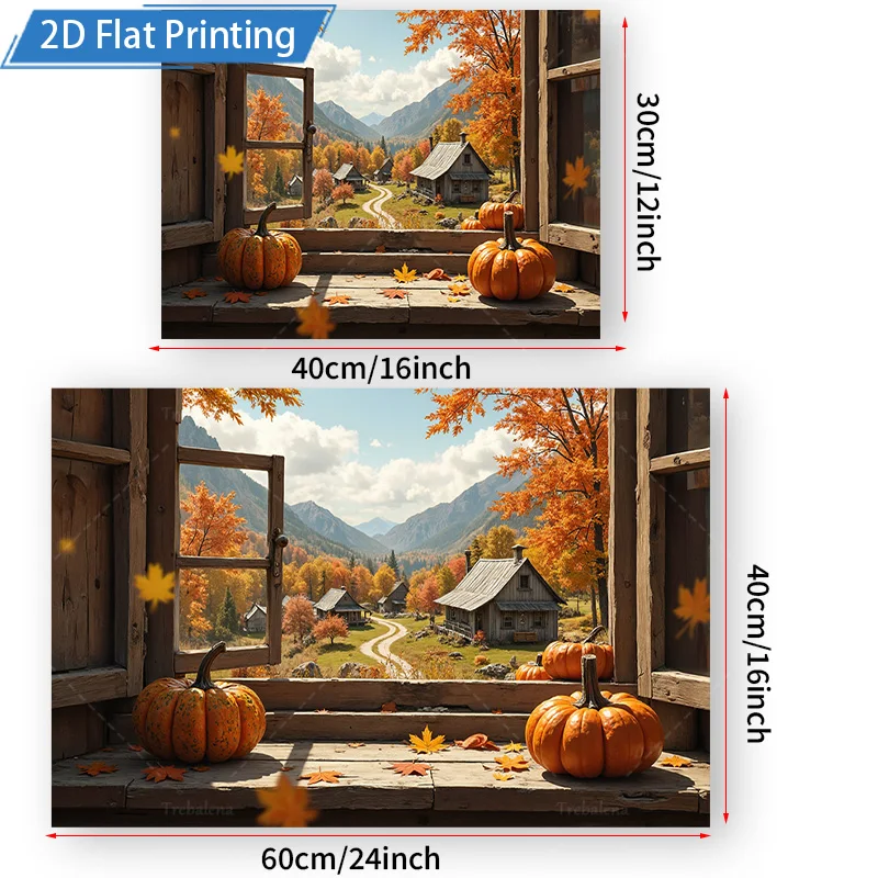[2D شقة] 1 قطعة 4x16 بوصة علامة معدنية الخريف كوخ نافذة عرض اليقطين سقوط المشهد المعادن جدار ديكور فني
