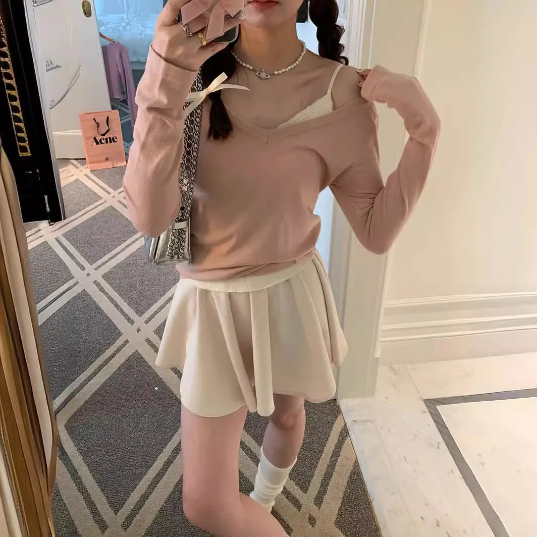 7162 Ballet elegante ~ otoño nuevo estilo de niña Pure Desire cuello en V profundo Top de punto ajustado de Cachemira suave