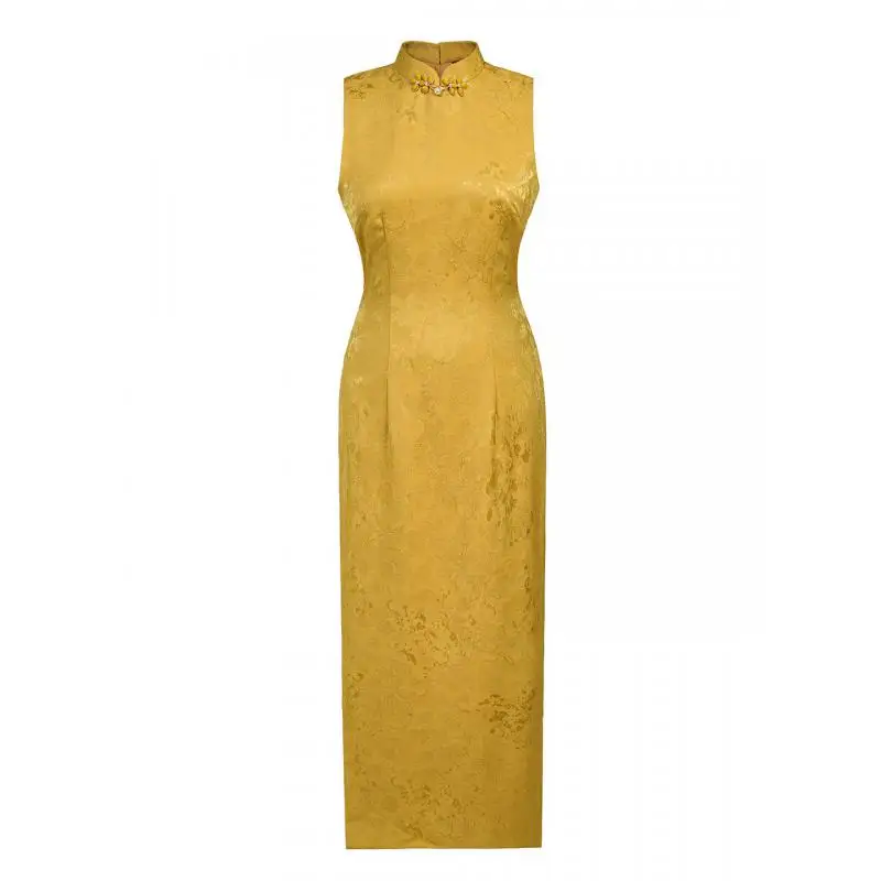 Vintage Classic Chinese Traditional Satin Cheongsam Hanfu Dress Sexy Women Sleeveless Backleee Split Qipao Long Party Vestidos