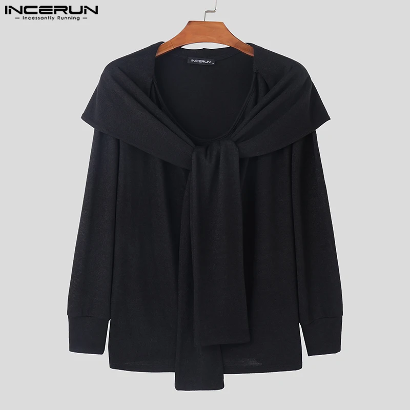 INCERUN Men T Shirt Solid Color O-neck Long Sleeve Autumn Tie Up Casual Irregular Camisetas Streetwear 2024 Fashion Tee Tops