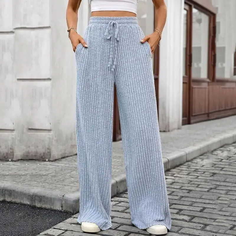 Y3NE Pantalones chándal punto acanalados texturizados para mujer, pantalones suéter sueltos pierna ancha con con
