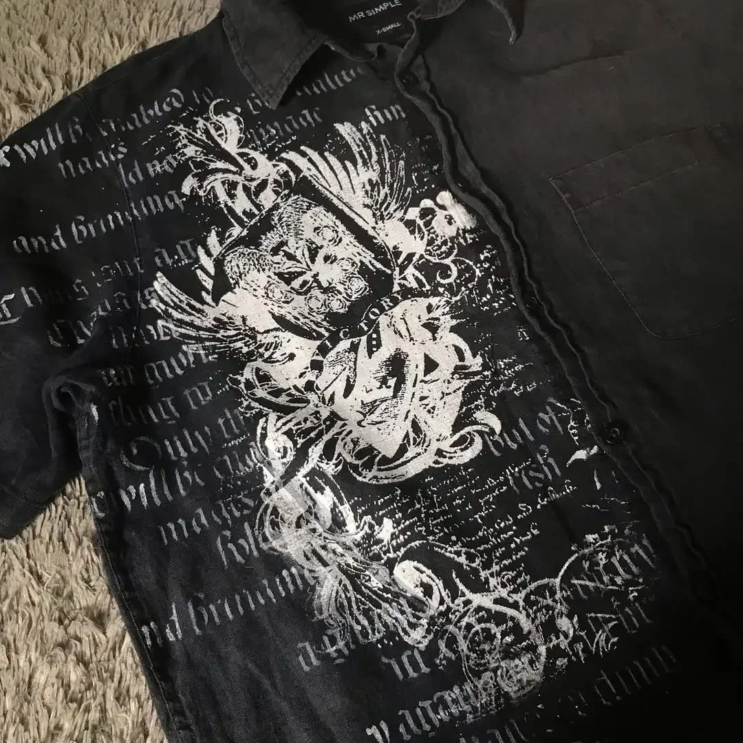 Y2K Black Shirt Tie Affliction Retro T Shirt Harajuku Skull Holy Writ Letter Printing Tee Fashion Goth Short Sleeves Tops Unisex
