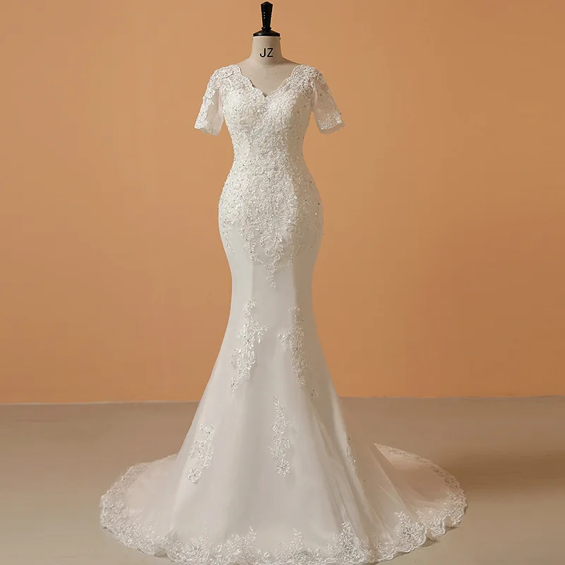 

RUIENTE New Short Sleeve Wedding Dresses Sexy V-neck Mermaid Wedding Dress Luxury Lace Embroidery Bridal Gown Plus Size