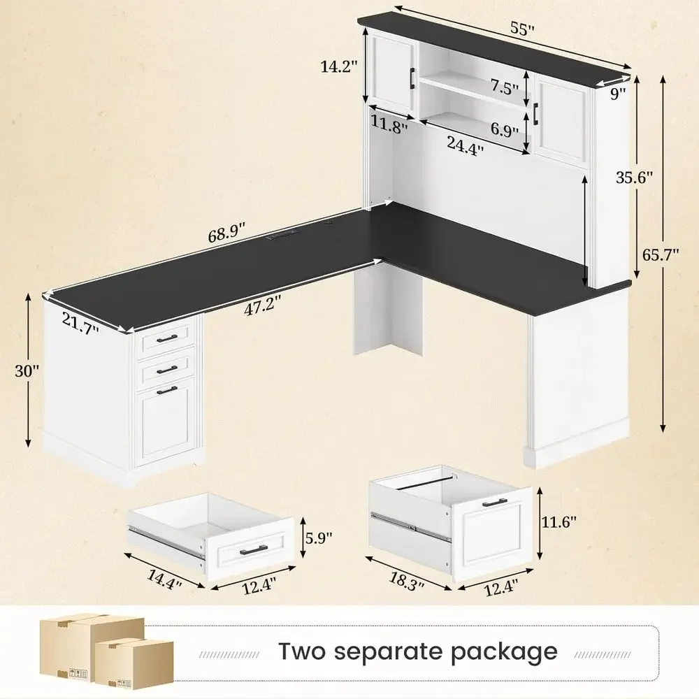 L-Shaped Desk with Hutch, 3 Drawers, 68.9 Wide, White Executive Office Desk with File Drawer and Power Outlet