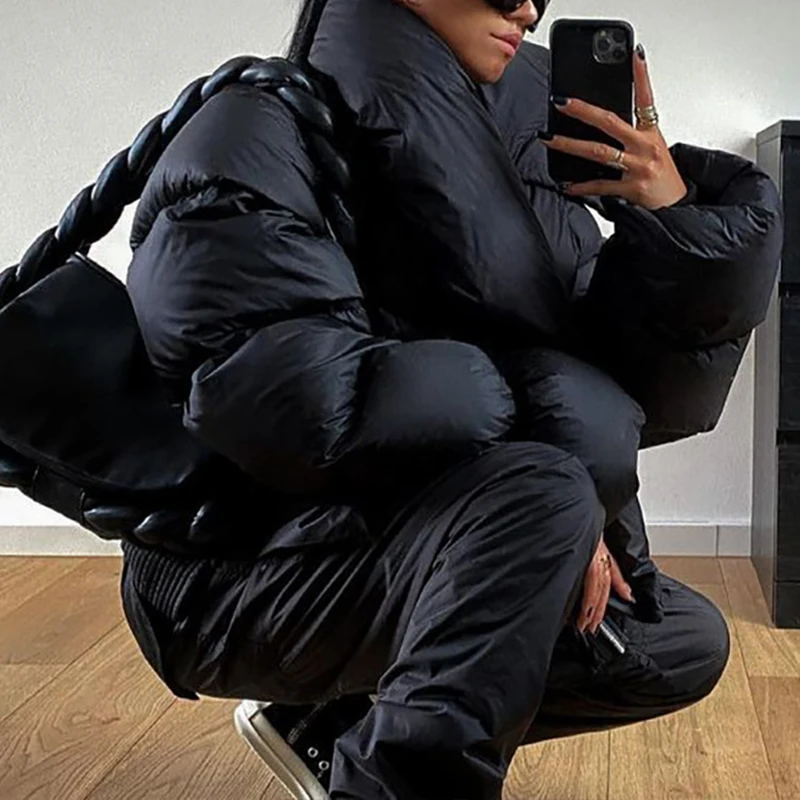 OMSJ 2026 New Arrivals Cotton Padded Parka Coat Trendy High Collar Warm Thick Zipper Loose Puffy Jacket Outwear Women Streetwear
