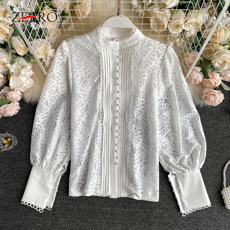 Spring Autumn Women Sexy Embroidery Beading Lace Blouses Elegant Female White Hollow Out Lantern Sleeve Tops Korean Blusas