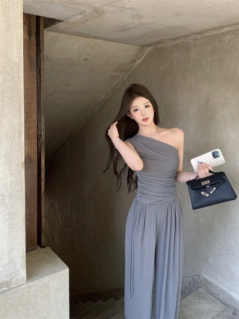 

French Elegant Summer New Women Two Piece Pants Sets Sexy Hot Girls Slim Short Vest Tops + High Waist Wide Leg Pants Outfits