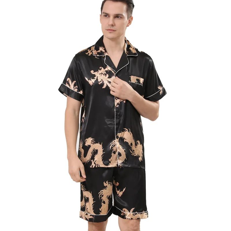Conjunto de pijama con estampado de dragón azul para hombre, ropa de dormir de satén con cuello vuelto, manga corta, para estar en casa, Verano