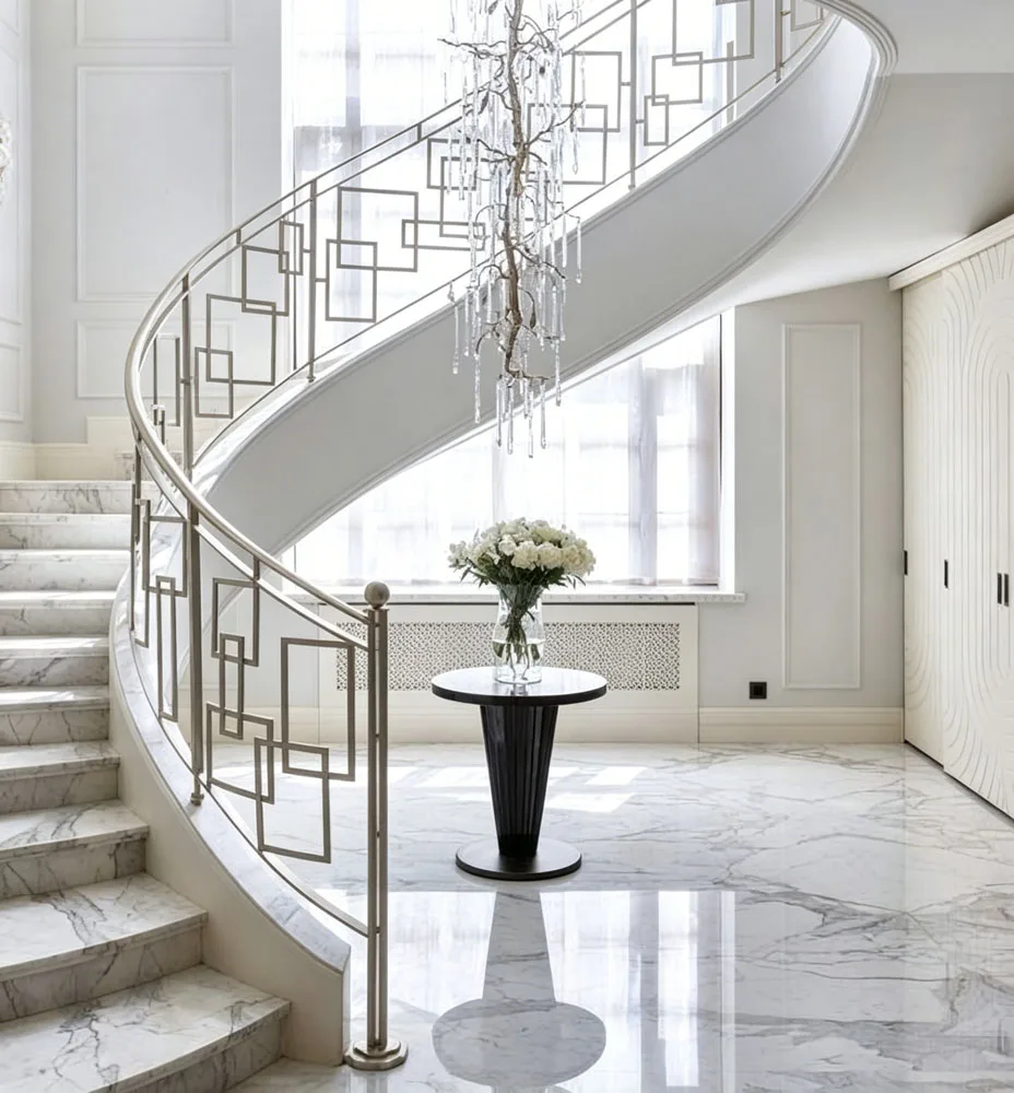 Villa Custom Curved Stairs, Hot-selling Glass Balustrade Stairs, Industrial Style Modern Curved Stairs