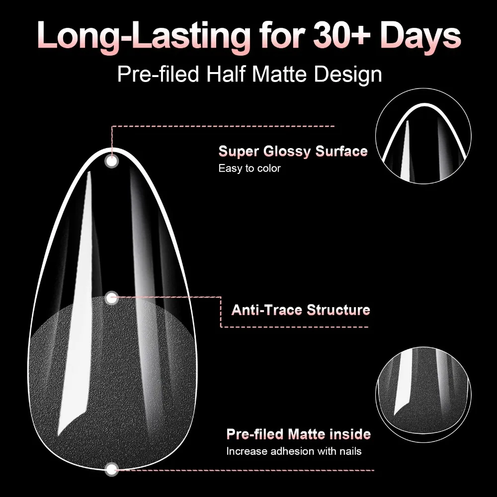 100 pçs acrílico unhas falsas transparente traceless unhas artificiais dicas cobertura completa amêndoa quadrado pré-lima unhas prensadas