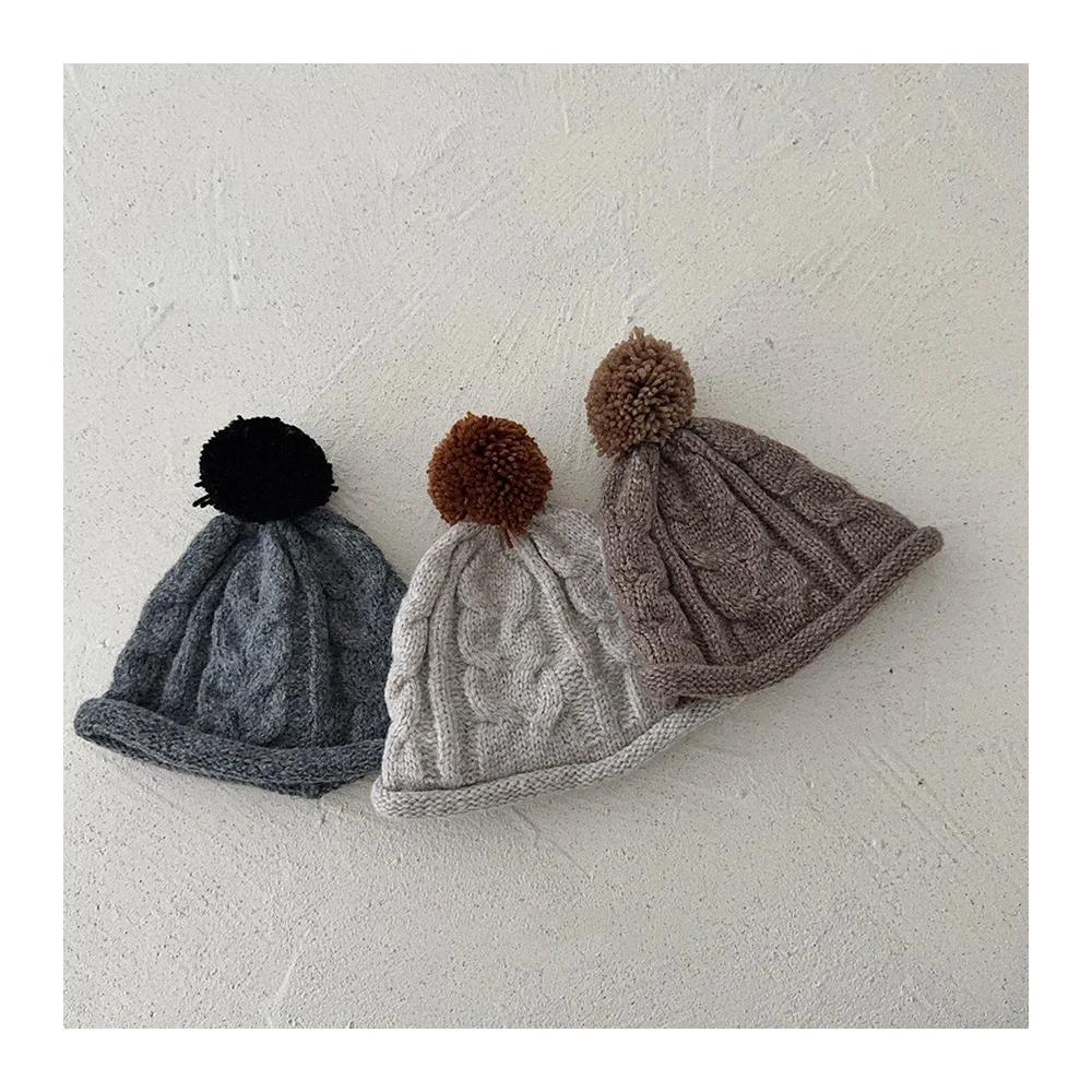 

New Winter Kids Hat 1-7T Solid Color Fur Ball Children Ear Protection Hat 4 Colors Rolled Edge Girls Knit Cap