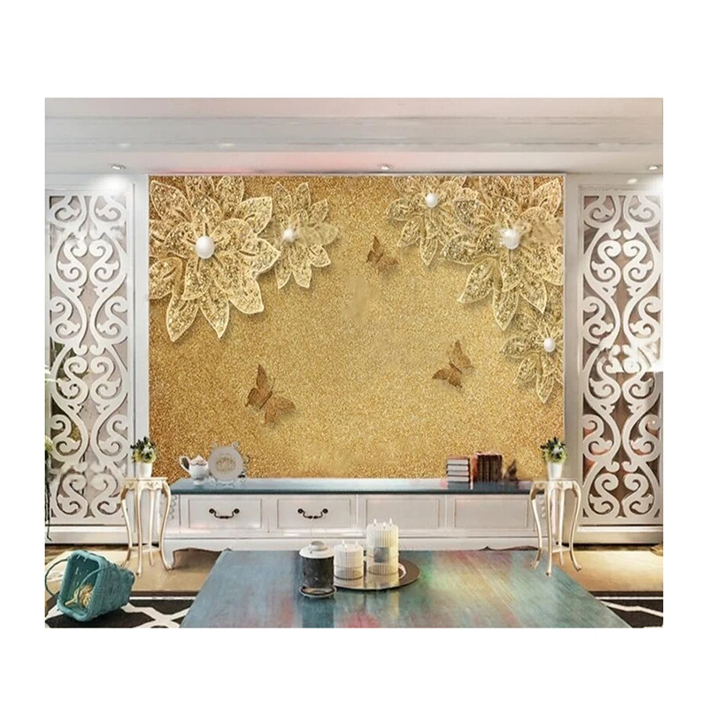 3D Luxurious Glittering Flower Pearl Butterfly Nordic Style Inspirational Romantic Classical Pattern Wallpaper Poster For TV