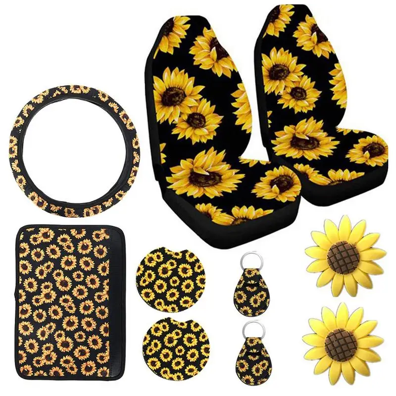 

Sunflower Car Seat Covers Car Front Seat Protector Cushion Steering Wheel Cover Foot Mat printed Auto Decor Accessories Supply