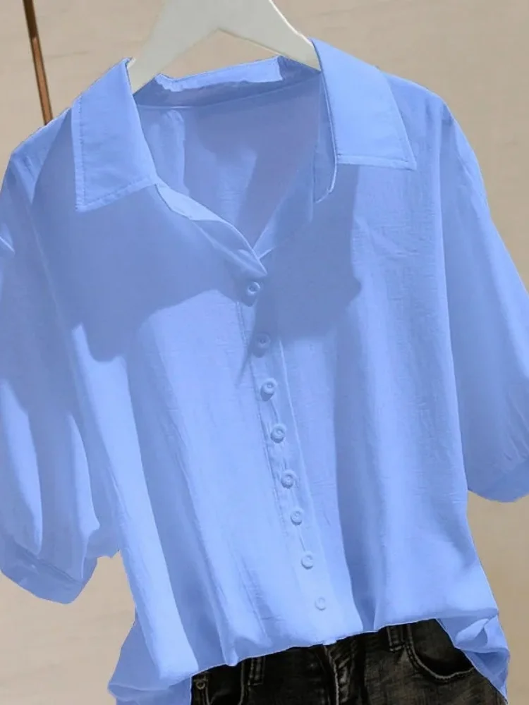 

Синяя свободная рубашка с короткими рукавами, женская весенне-летняя тонкая однотонная рубашка в корейском стиле, удобная дышащая повседневная рубашка