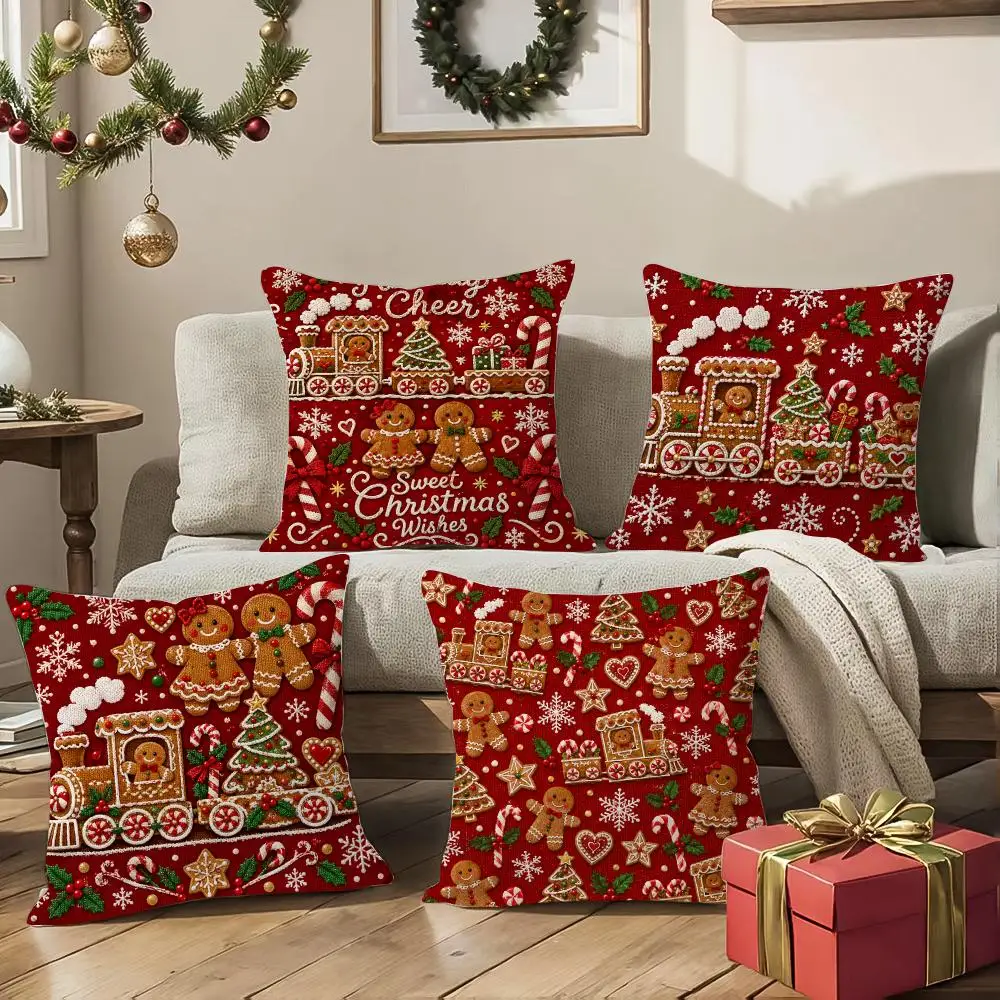Gingerbread Train Cushion Cover 1/4Pcs Soft Plush Throw Pillow Cover Double-Sided Print Sofa Living Room Decor