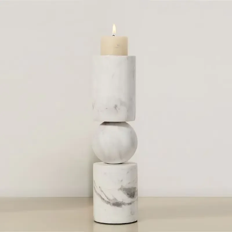 White Marble Candle Holder European Style Cylindrical Stone Pillar Stand Home Decor Ornament for Living Room Table