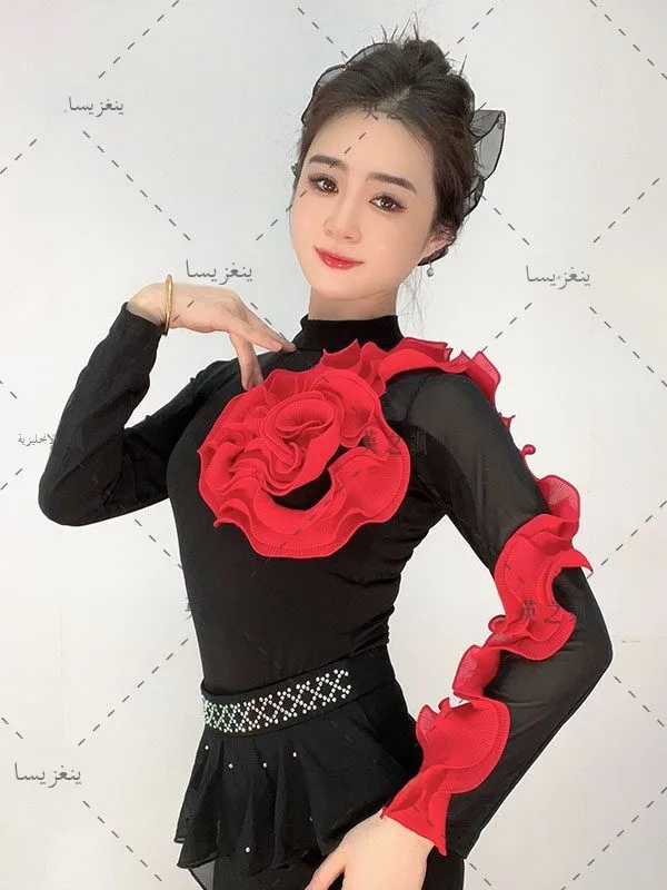slimming-long-sleeve-square-dance-top-women's-collared-modern-latin-dance-suit-fitness-sportswear-polyester-fabric-dance-outfit