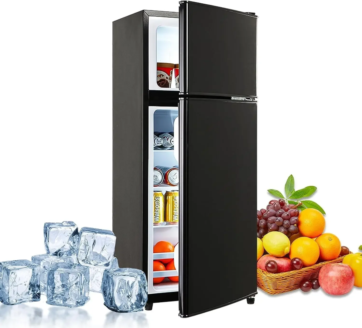 Compact Refrigerator, Energy efficient mini fridge with freezer, double doors, 7-level thermostat for small spaces,