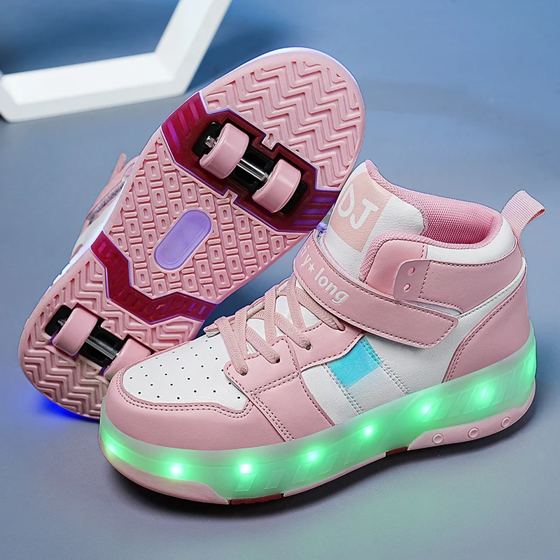 USB Charging Children’s High Top Four Wheels Luminous Glowing Sneakers Led Light Roller Skates Kids Casual Shoes for Boys Girls