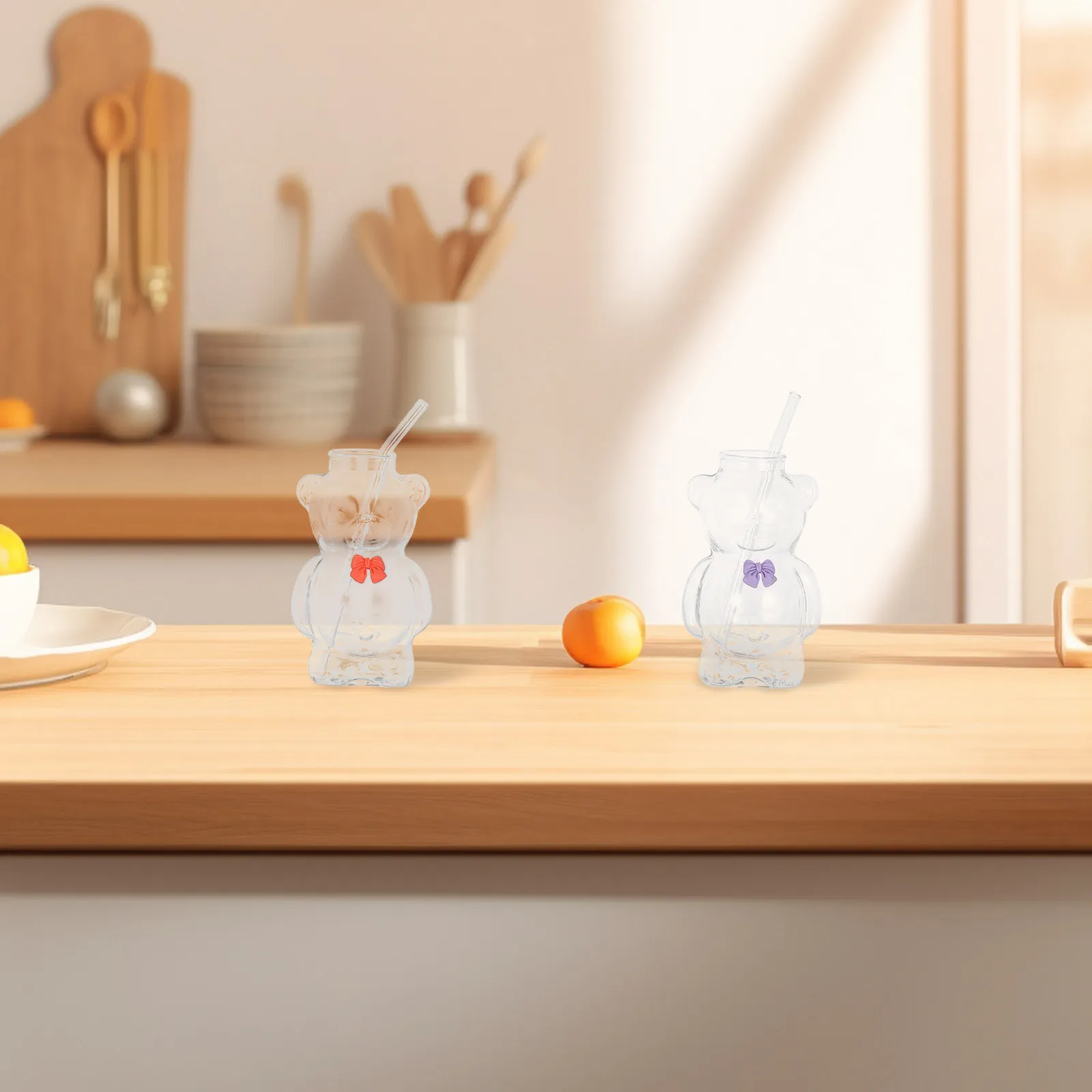 4Pcs Bear Straw Cups Cute Animal Shaped Glass Cups Party Decor Home Use Iced Coffee Juice Mugs Cute Mugs for