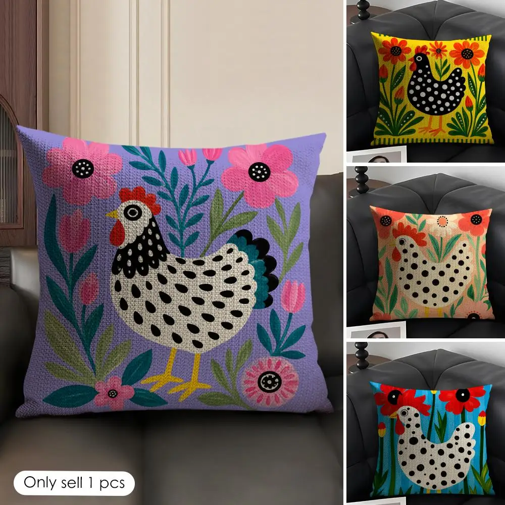Cushion Cover Spotted Rooster Flower Breathable Linen Organic Fabric Double-Sided Printing Sofa Pillow Case Home Decor