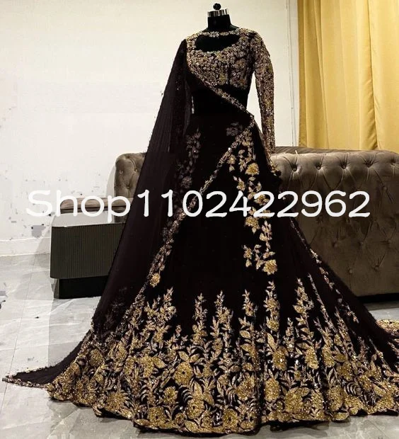 CustomizedGeorgette Lehenga Choli Two Pieces Prom Dresses with Cape Veil Gillter Indian Sarees applique Long Sleeve Evening Gown