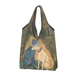 Custom Reusable Gustav Klimt Greyhound Dog Art Shopping Bag Women Tote Bag Portable Whippet Sihthound Dog Groceries Shopper Bags